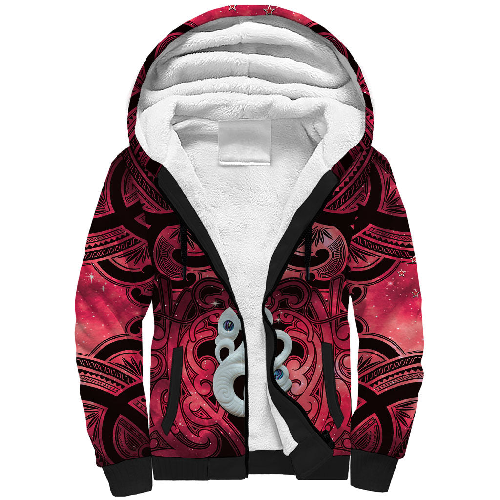 Personalised Maori Matariki Manaia Whero Sherpa Hoodie Maori Kowhaiwhai Pattern Galaxy LT01 Unisex Red - Polynesian Pride