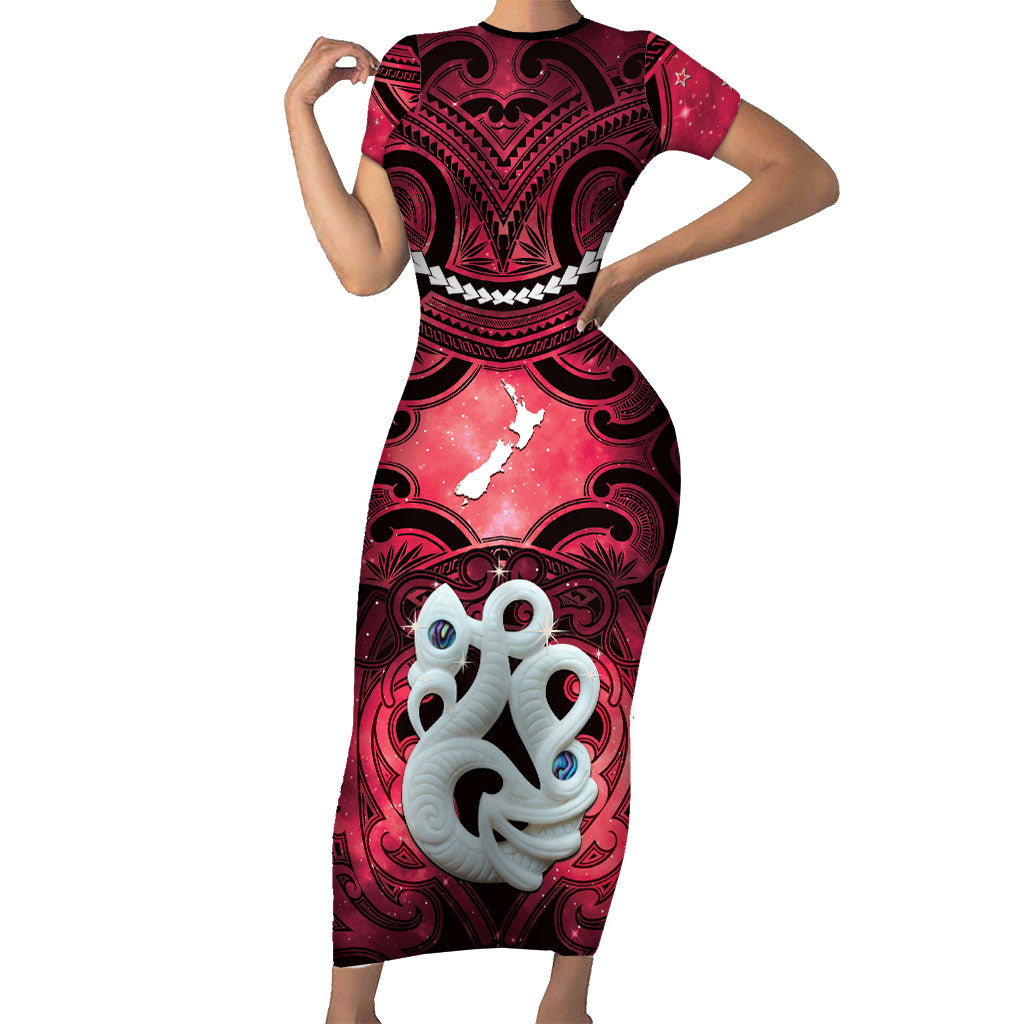 Personalised Maori Matariki Manaia Whero Short Sleeve Bodycon Dress Maori Kowhaiwhai Pattern Galaxy LT01 Long Dress Red - Polynesian Pride