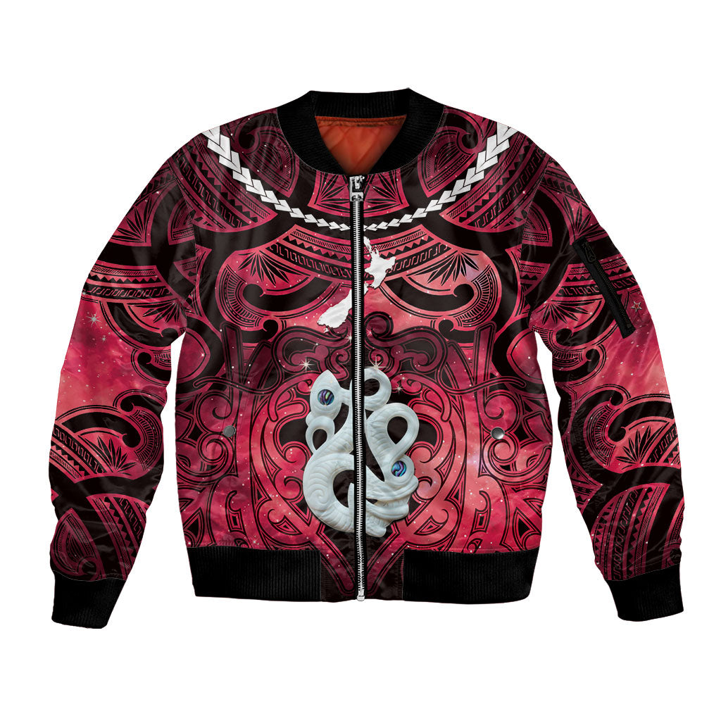Personalised Maori Matariki Manaia Whero Sleeve Zip Bomber Jacket Maori Kowhaiwhai Pattern Galaxy LT01 Unisex Red - Polynesian Pride