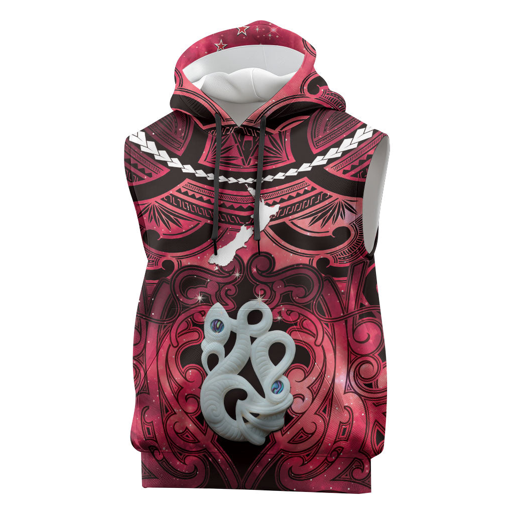 Personalised Maori Matariki Manaia Whero Sleeveless Hoodie Maori Kowhaiwhai Pattern Galaxy LT01 Red - Polynesian Pride