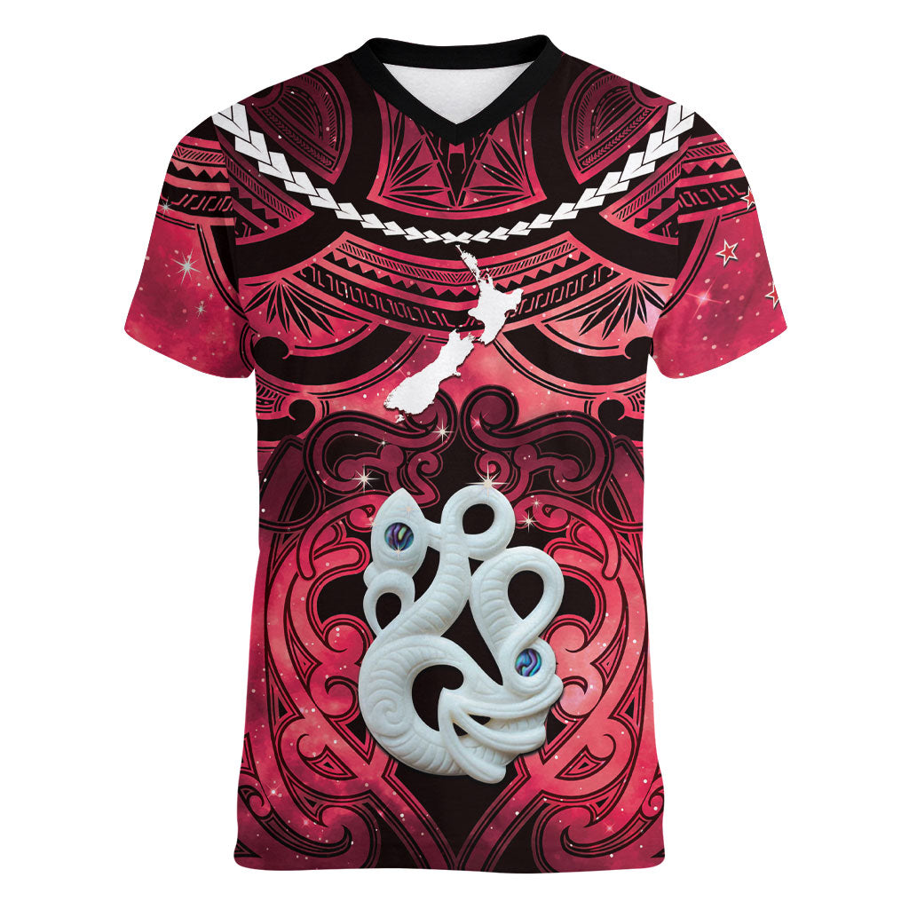 Personalised Maori Matariki Manaia Whero Women V-Neck T-Shirt Maori Kowhaiwhai Pattern Galaxy