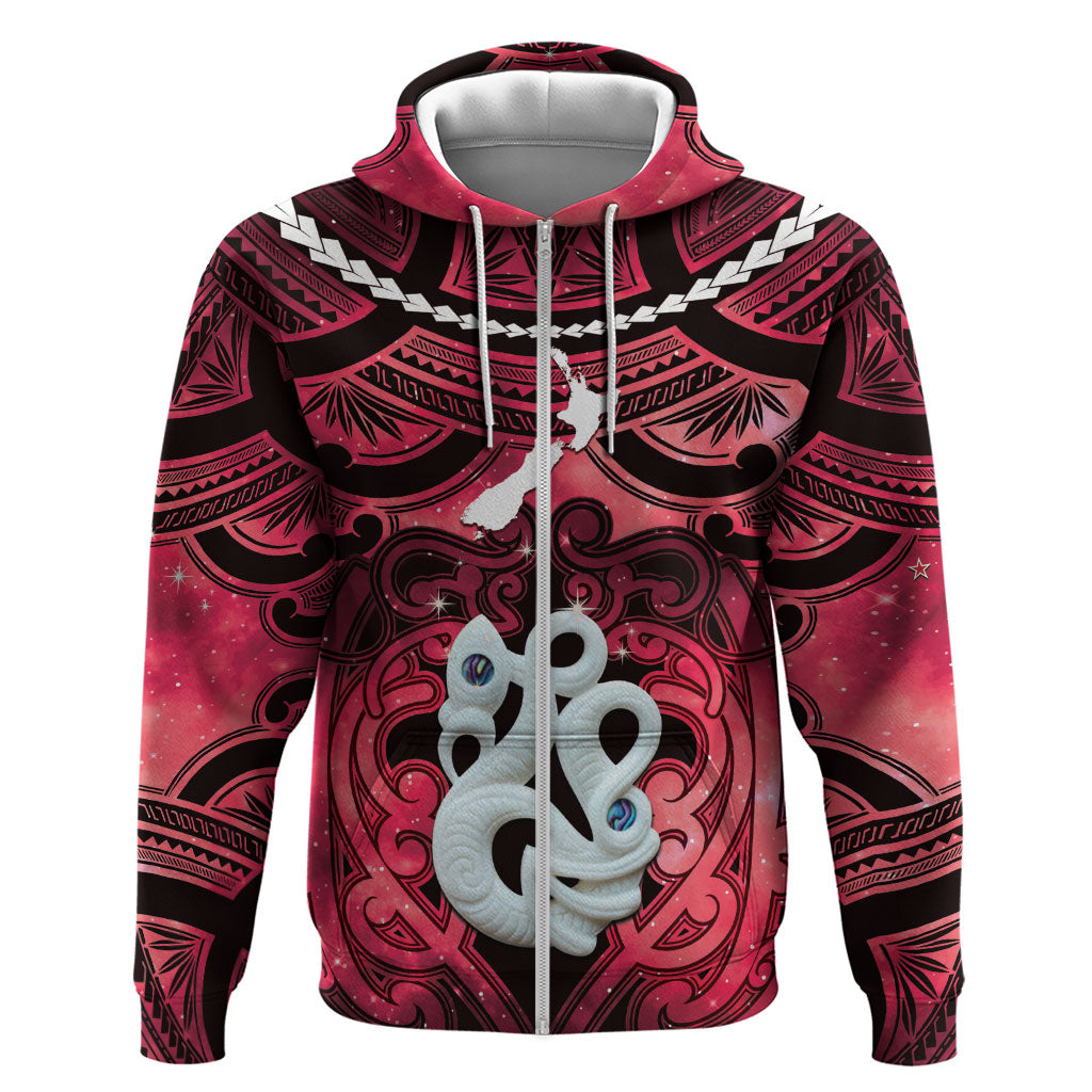 Personalised Maori Matariki Manaia Whero Zip Hoodie Maori Kowhaiwhai Pattern Galaxy LT01 Zip Hoodie Red - Polynesian Pride