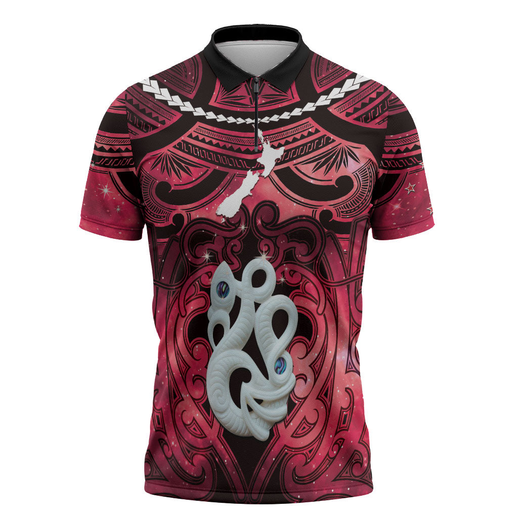 Personalised Maori Matariki Manaia Whero Zipper Polo Shirt Maori Kowhaiwhai Pattern Galaxy LT01 Red - Polynesian Pride