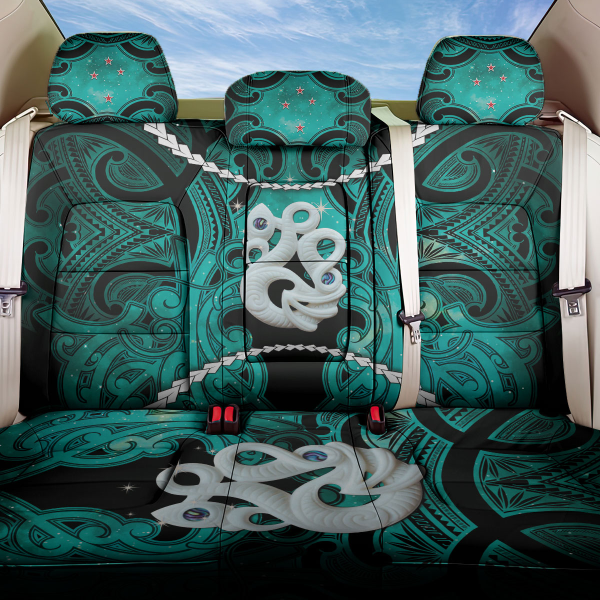 Maori Matariki Manaia Turquoise Back Car Seat Cover Maori Kowhaiwhai Pattern Galaxy LT01 One Size Turquoise - Polynesian Pride