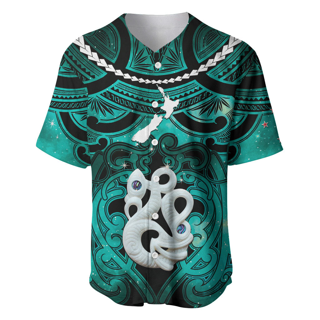 Personalised Maori Matariki Manaia Turquoise Baseball Jersey Maori Kowhaiwhai Pattern Galaxy LT01 Turquoise - Polynesian Pride