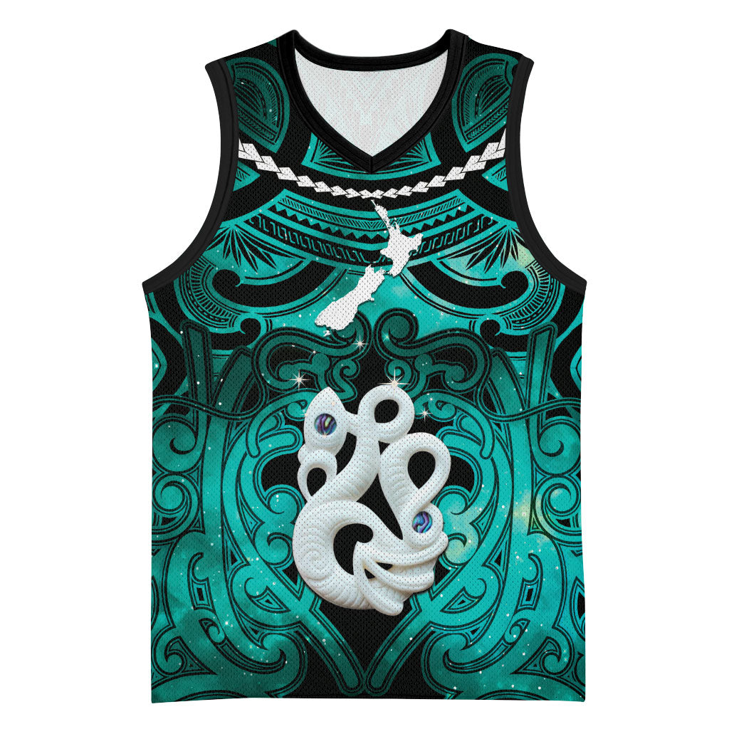 Personalised Maori Matariki Manaia Turquoise Basketball Jersey Maori Kowhaiwhai Pattern Galaxy LT01 Unisex Turquoise - Polynesian Pride