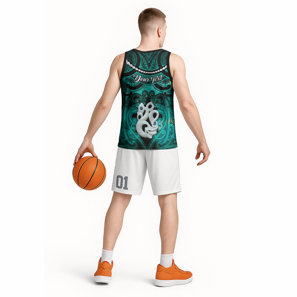 Personalised Maori Matariki Manaia Turquoise Basketball Jersey Maori Kowhaiwhai Pattern Galaxy LT01 - Polynesian Pride