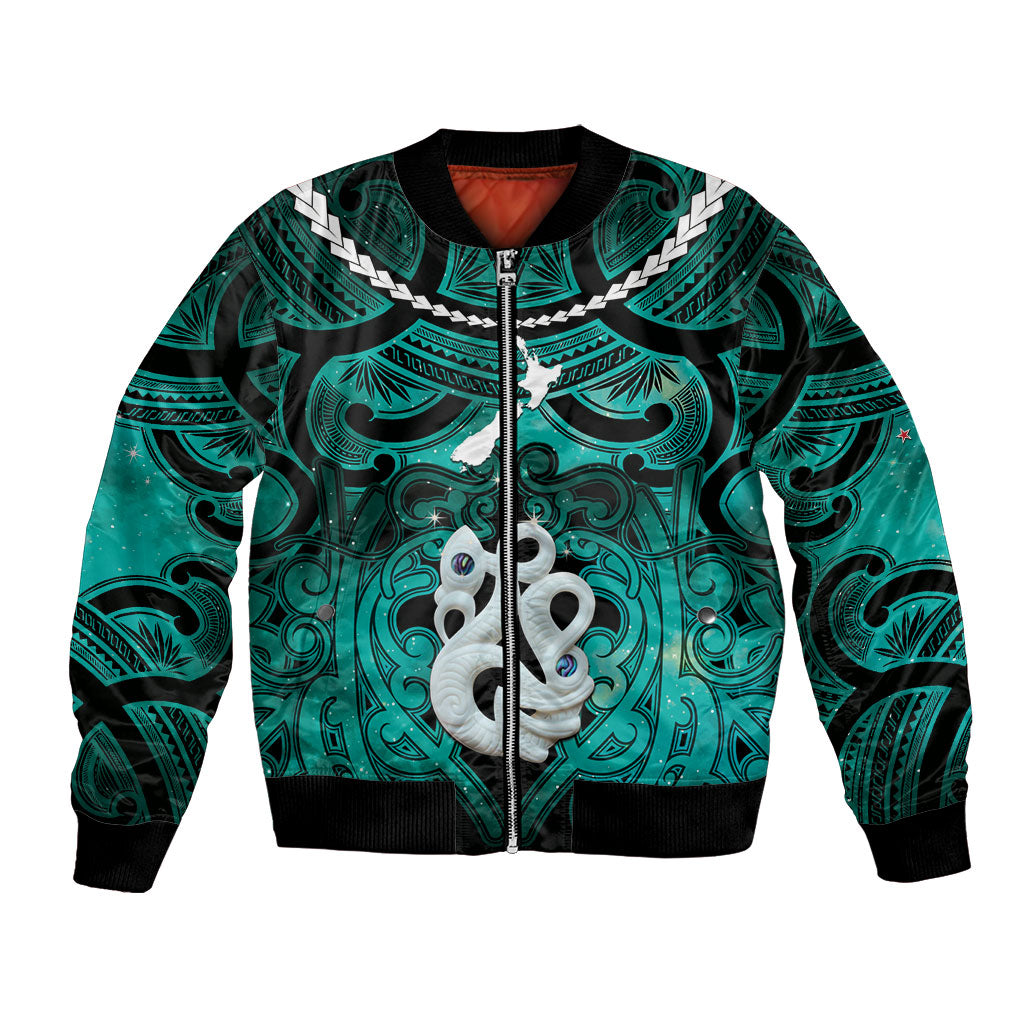 Personalised Maori Matariki Manaia Turquoise Bomber Jacket Maori Kowhaiwhai Pattern Galaxy LT01 Unisex Turquoise - Polynesian Pride