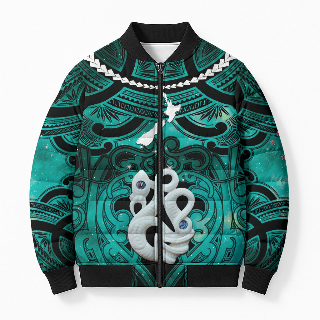 Personalised Maori Matariki Manaia Turquoise Bomber Puffer Jacket Maori Kowhaiwhai Pattern Galaxy LT01 Unisex Turquoise - Polynesian Pride