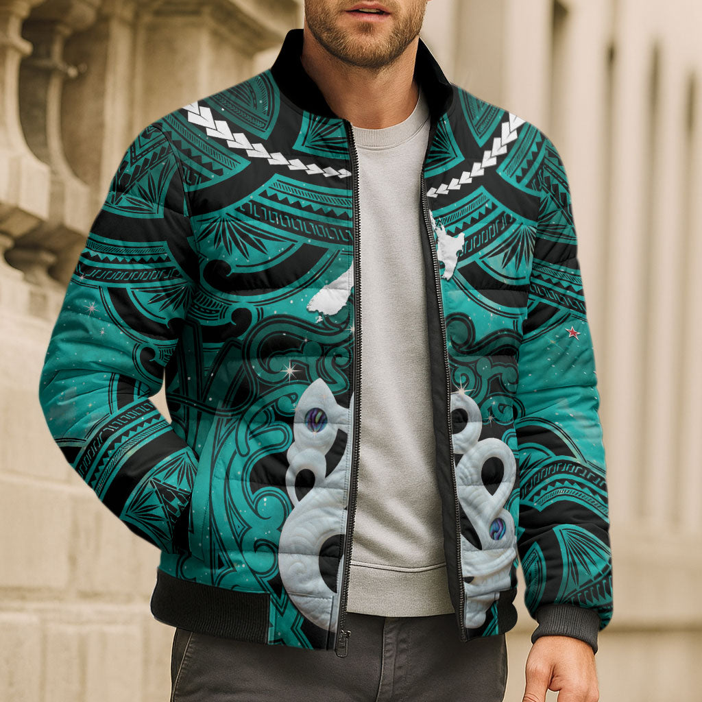 Personalised Maori Matariki Manaia Turquoise Bomber Puffer Jacket Maori Kowhaiwhai Pattern Galaxy LT01 - Polynesian Pride