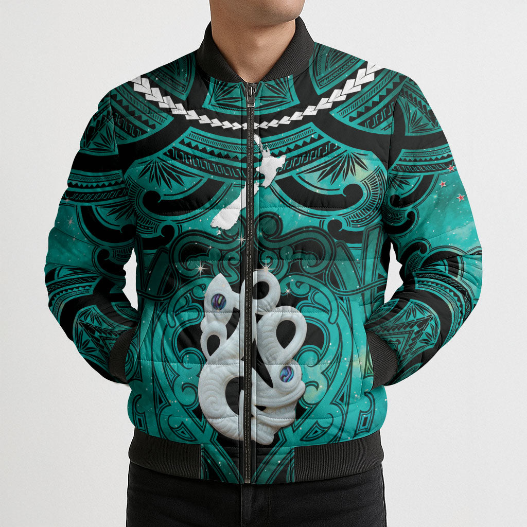 Personalised Maori Matariki Manaia Turquoise Bomber Puffer Jacket Maori Kowhaiwhai Pattern Galaxy LT01 - Polynesian Pride