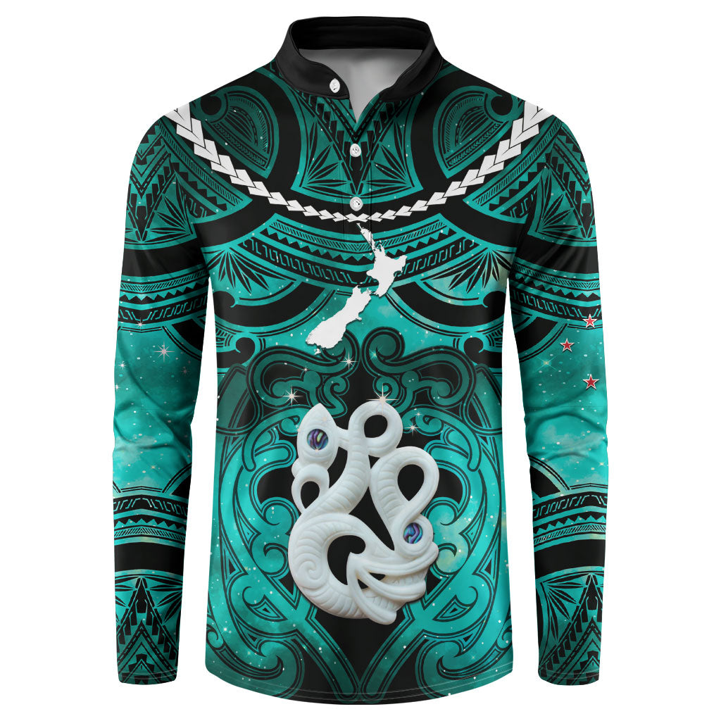 Personalised Maori Matariki Manaia Turquoise Button Sweatshirt Maori Kowhaiwhai Pattern Galaxy LT01 Turquoise - Polynesian Pride