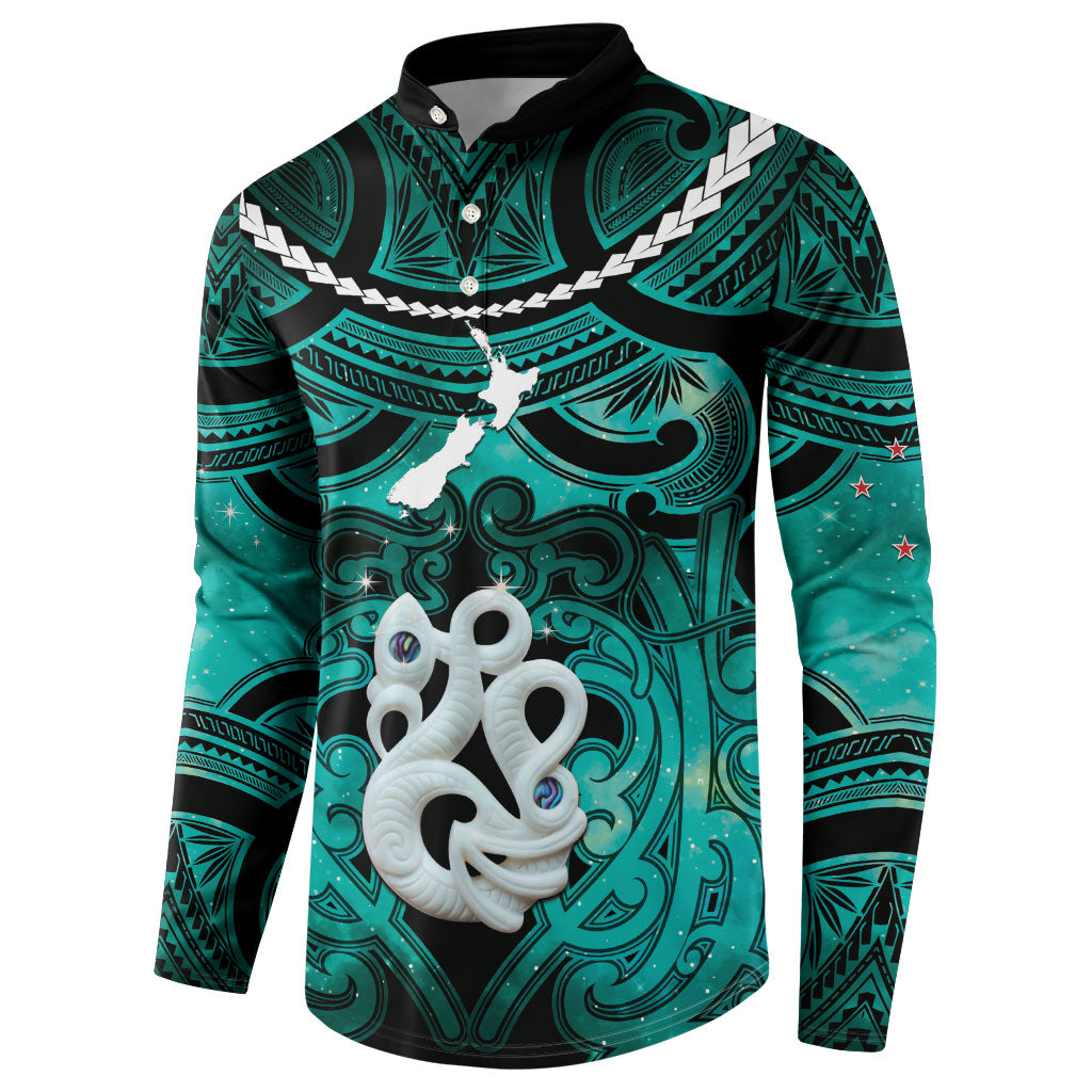 Personalised Maori Matariki Manaia Turquoise Button Sweatshirt Maori Kowhaiwhai Pattern Galaxy LT01 - Polynesian Pride
