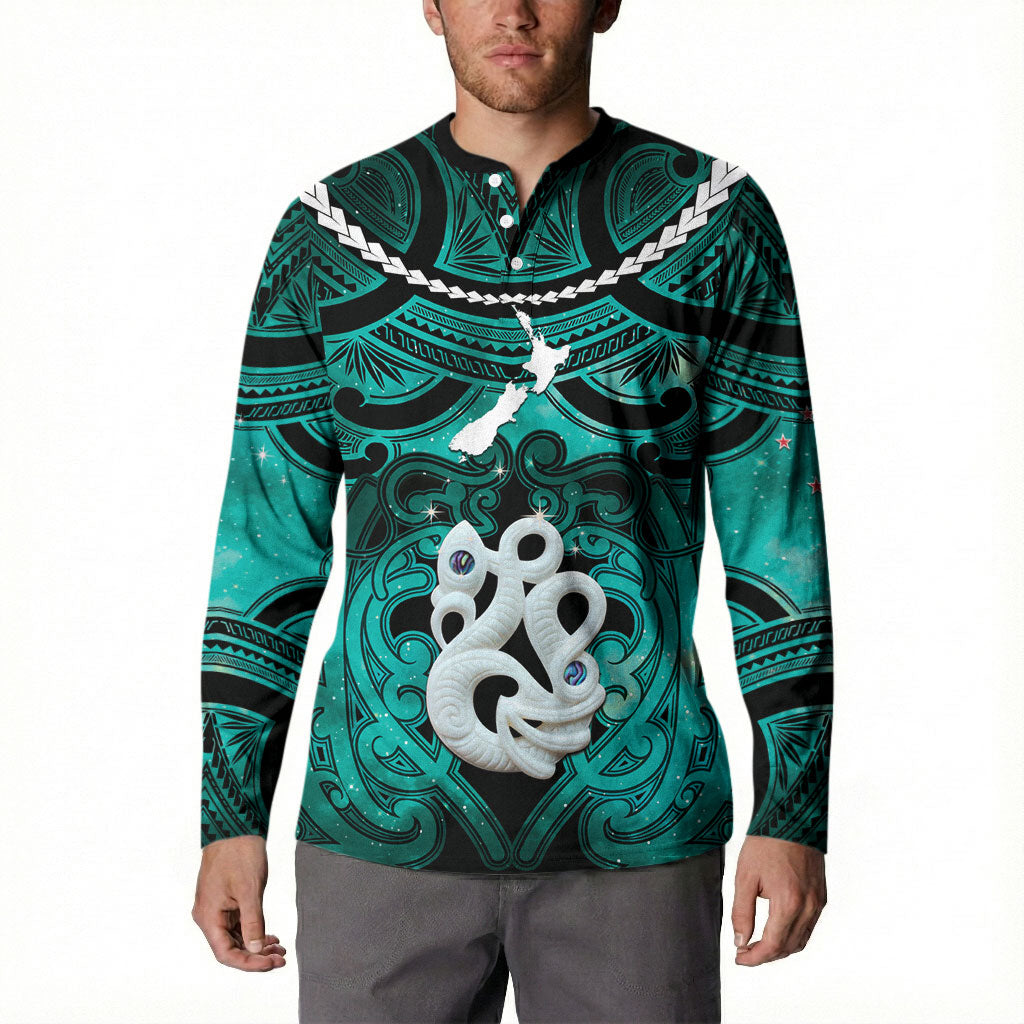 Personalised Maori Matariki Manaia Turquoise Button Sweatshirt Maori Kowhaiwhai Pattern Galaxy LT01 - Polynesian Pride