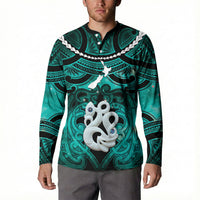 Personalised Maori Matariki Manaia Turquoise Button Sweatshirt Maori Kowhaiwhai Pattern Galaxy LT01 - Polynesian Pride