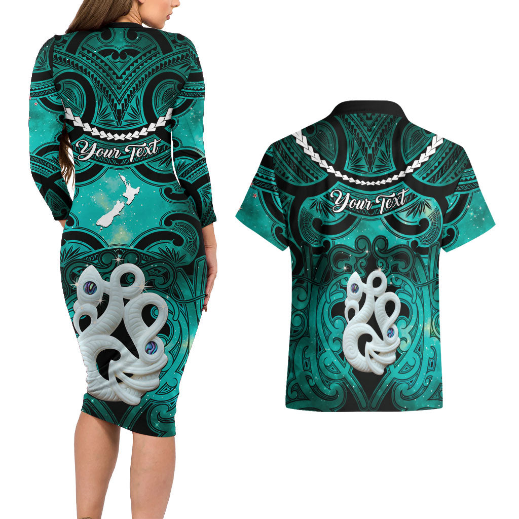 Personalised Maori Matariki Manaia Turquoise Couples Matching Long Sleeve Bodycon Dress and Hawaiian Shirt Maori Kowhaiwhai Pattern Galaxy