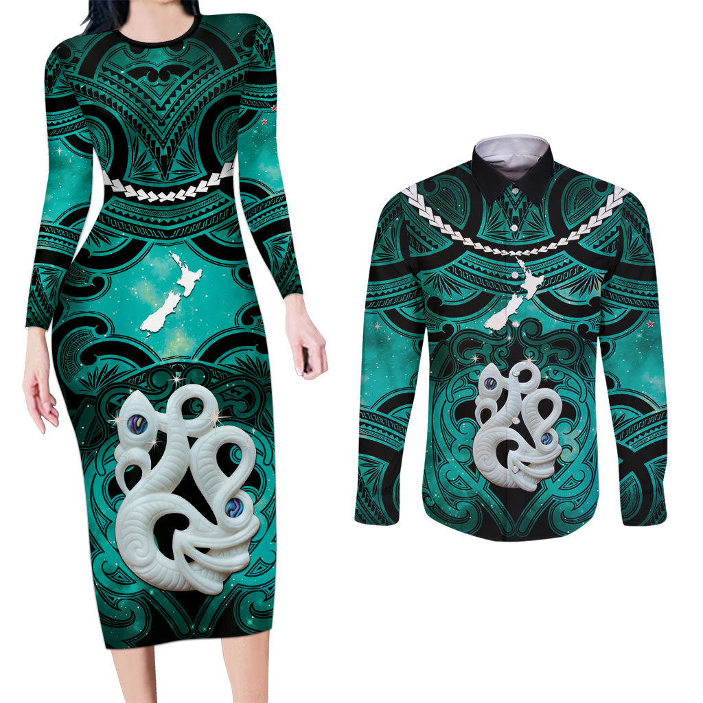 Personalised Maori Matariki Manaia Turquoise Couples Matching Long Sleeve Bodycon Dress and Long Sleeve Button Shirt Maori Kowhaiwhai Pattern Galaxy LT01 Turquoise - Polynesian Pride