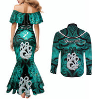Personalised Maori Matariki Manaia Turquoise Couples Matching Mermaid Dress and Long Sleeve Button Shirt Maori Kowhaiwhai Pattern Galaxy
