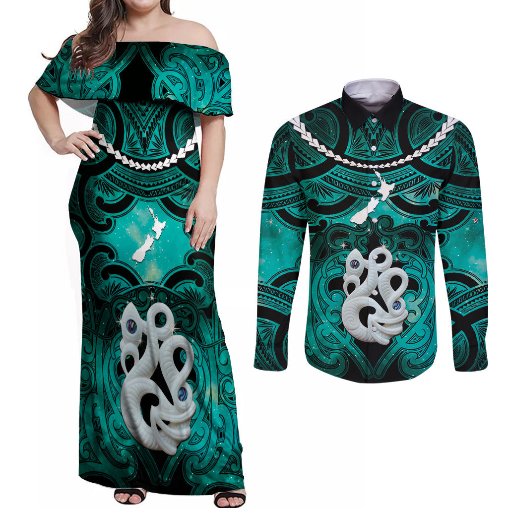 Personalised Maori Matariki Manaia Turquoise Couples Matching Off Shoulder Maxi Dress and Long Sleeve Button Shirt Maori Kowhaiwhai Pattern Galaxy LT01 Turquoise - Polynesian Pride
