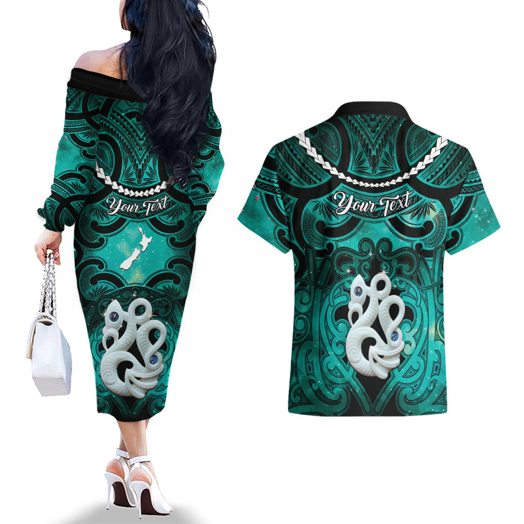Personalised Maori Matariki Manaia Turquoise Couples Matching Off The Shoulder Long Sleeve Dress and Hawaiian Shirt Maori Kowhaiwhai Pattern Galaxy