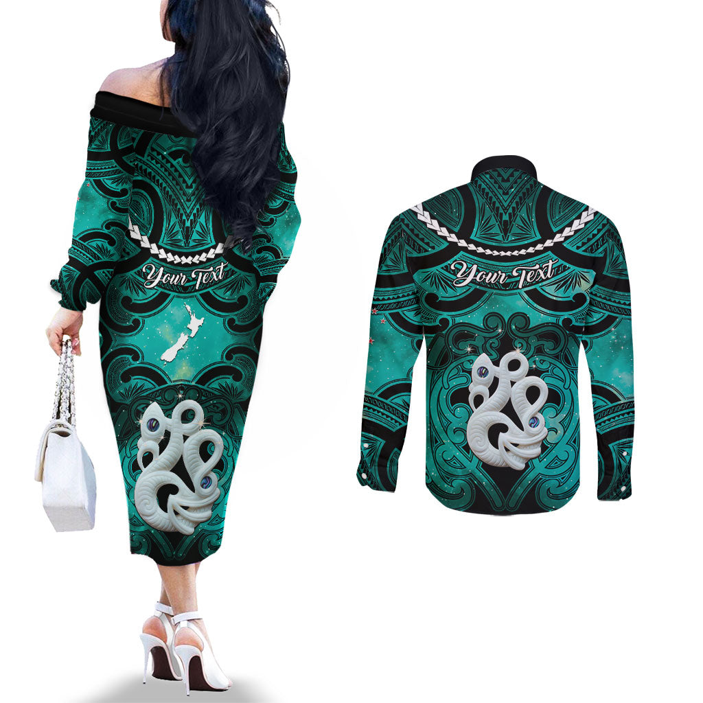 Personalised Maori Matariki Manaia Turquoise Couples Matching Off The Shoulder Long Sleeve Dress and Long Sleeve Button Shirt Maori Kowhaiwhai Pattern Galaxy