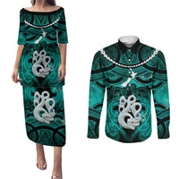 Personalised Maori Matariki Manaia Turquoise Couples Matching Puletasi and Long Sleeve Button Shirt Maori Kowhaiwhai Pattern Galaxy LT01 Turquoise - Polynesian Pride