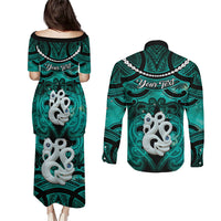 Personalised Maori Matariki Manaia Turquoise Couples Matching Puletasi and Long Sleeve Button Shirt Maori Kowhaiwhai Pattern Galaxy LT01 - Polynesian Pride
