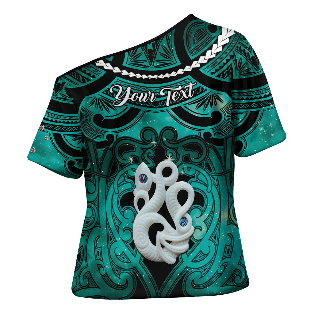 Personalised Maori Matariki Manaia Turquoise Cross Shoulder Shirt Maori Kowhaiwhai Pattern Galaxy LT01 - Polynesian Pride