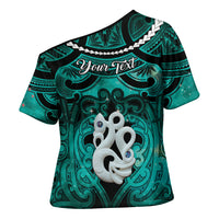 Personalised Maori Matariki Manaia Turquoise Cross Shoulder Shirt Maori Kowhaiwhai Pattern Galaxy LT01 - Polynesian Pride