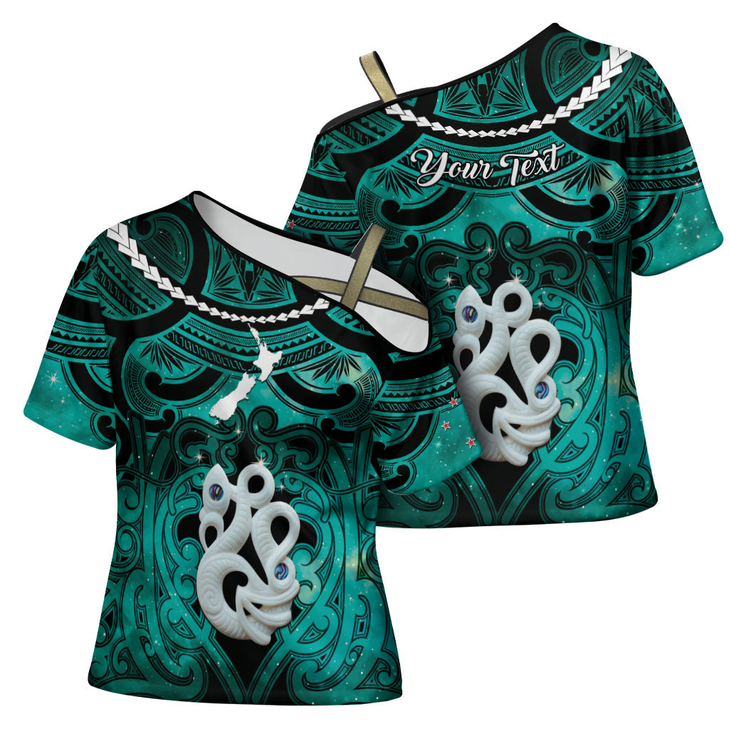 Personalised Maori Matariki Manaia Turquoise Cross Shoulder Shirt Maori Kowhaiwhai Pattern Galaxy LT01 - Polynesian Pride
