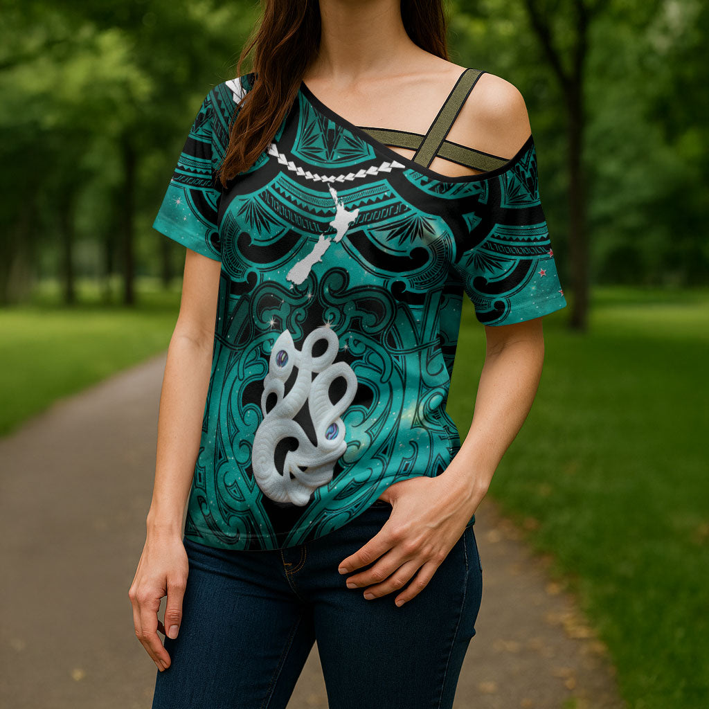 Personalised Maori Matariki Manaia Turquoise Cross Shoulder Shirt Maori Kowhaiwhai Pattern Galaxy LT01 - Polynesian Pride