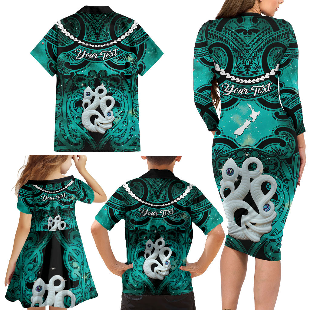Personalised Maori Matariki Manaia Turquoise Family Matching Long Sleeve Bodycon Dress and Hawaiian Shirt Maori Kowhaiwhai Pattern Galaxy