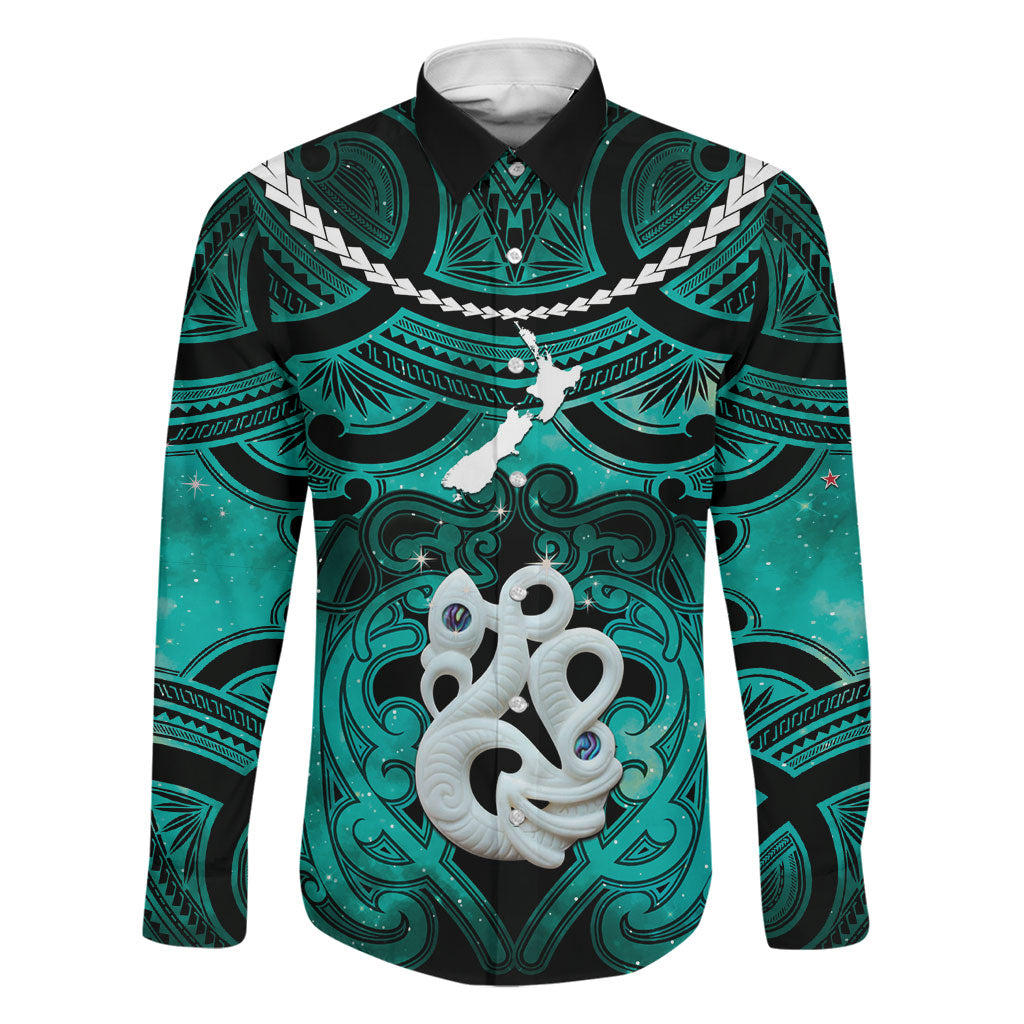 Personalised Maori Matariki Manaia Turquoise Family Matching Long Sleeve Bodycon Dress and Hawaiian Shirt Maori Kowhaiwhai Pattern Galaxy