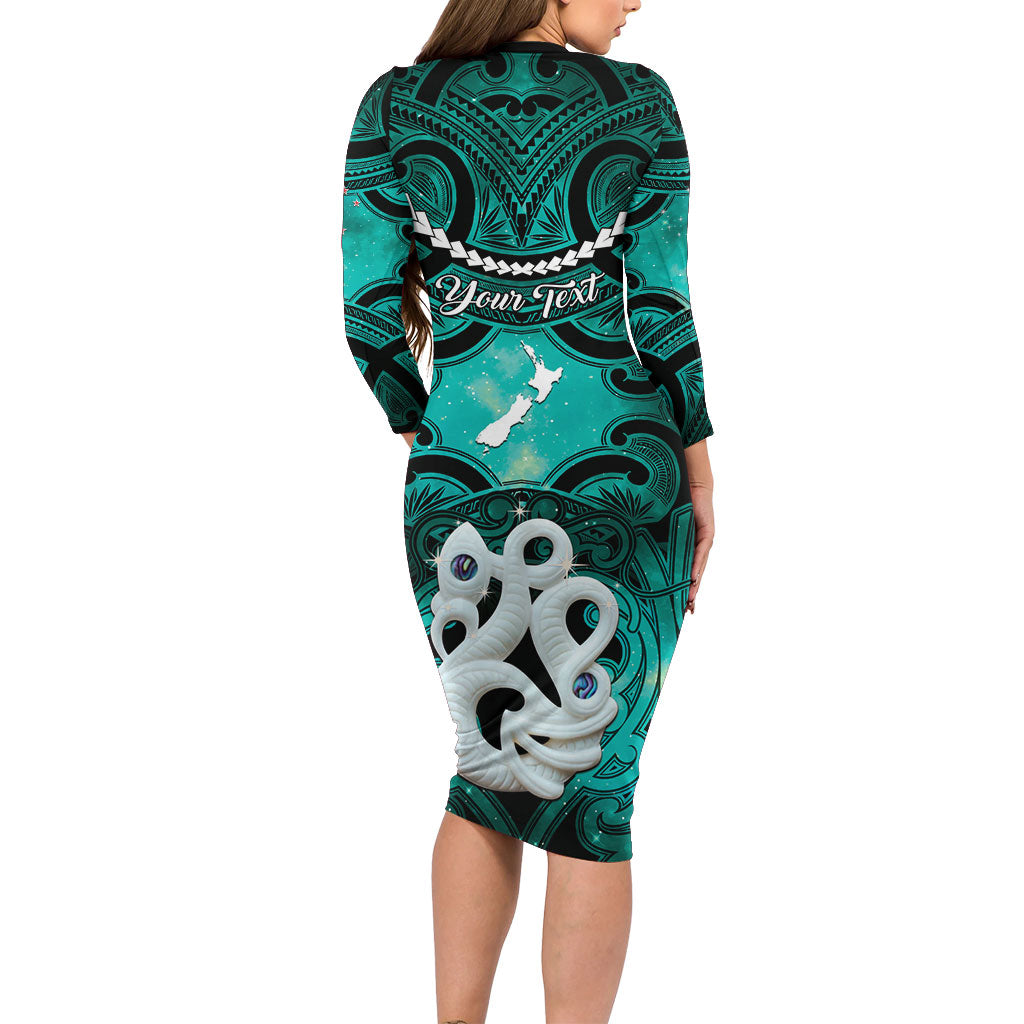 Personalised Maori Matariki Manaia Turquoise Family Matching Long Sleeve Bodycon Dress and Hawaiian Shirt Maori Kowhaiwhai Pattern Galaxy