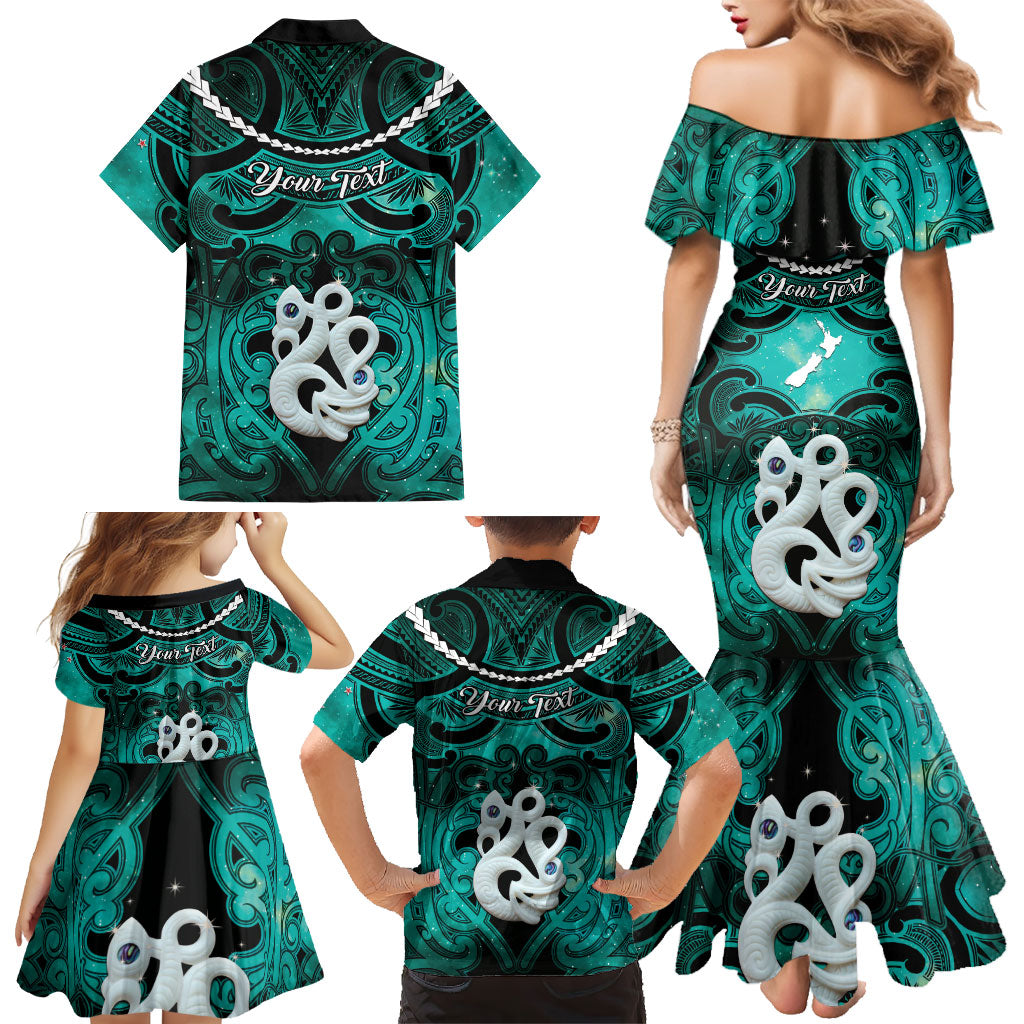 Personalised Maori Matariki Manaia Turquoise Family Matching Mermaid Dress and Hawaiian Shirt Maori Kowhaiwhai Pattern Galaxy