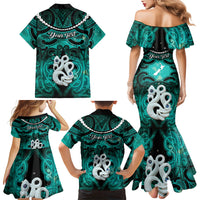 Personalised Maori Matariki Manaia Turquoise Family Matching Mermaid Dress and Hawaiian Shirt Maori Kowhaiwhai Pattern Galaxy