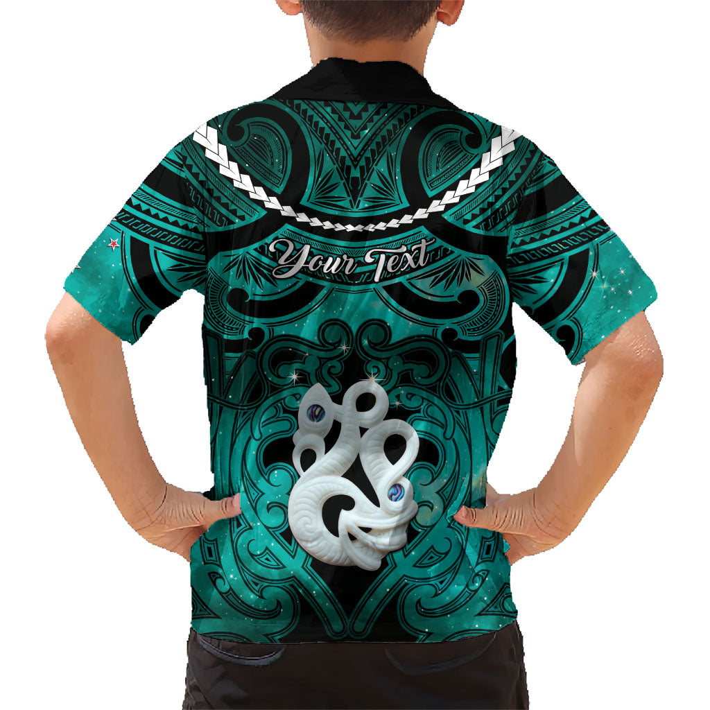 Personalised Maori Matariki Manaia Turquoise Family Matching Off The Shoulder Long Sleeve Dress and Hawaiian Shirt Maori Kowhaiwhai Pattern Galaxy