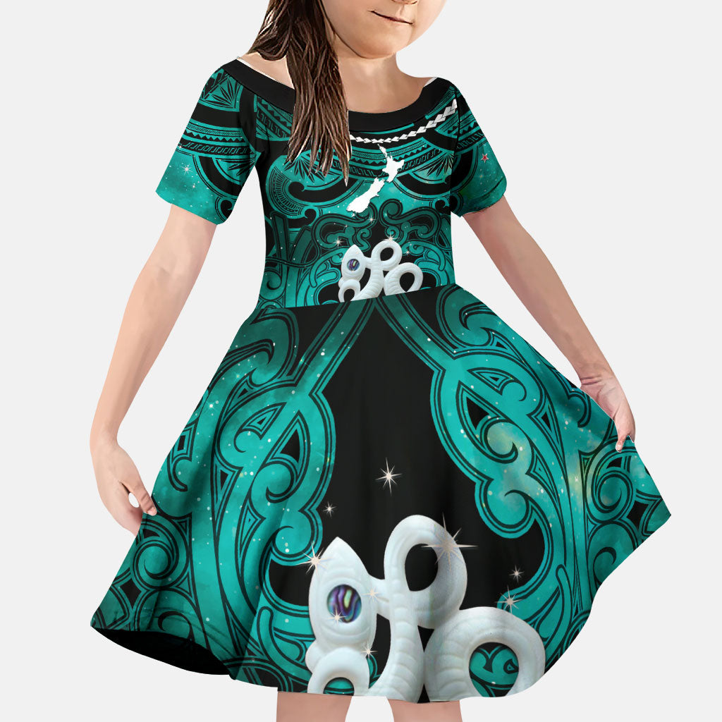 Personalised Maori Matariki Manaia Turquoise Family Matching Off The Shoulder Long Sleeve Dress and Hawaiian Shirt Maori Kowhaiwhai Pattern Galaxy