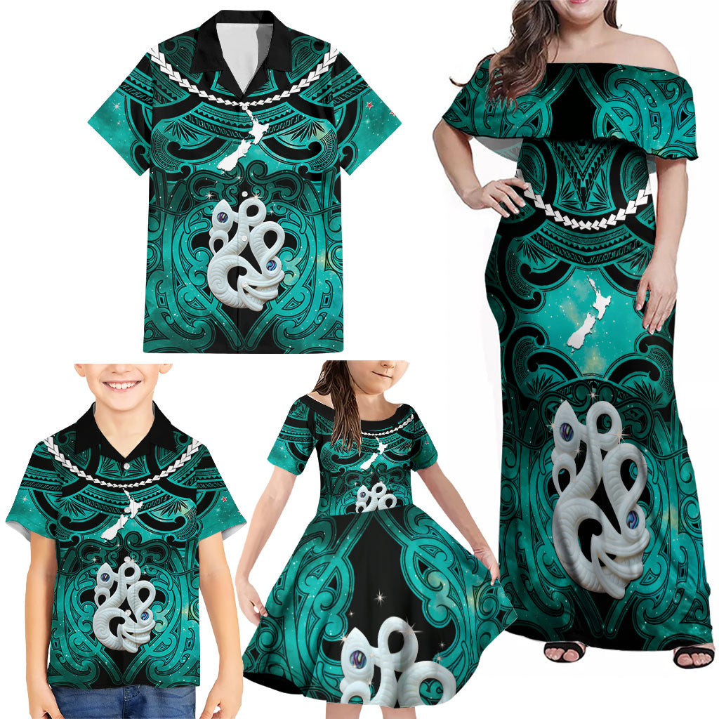 Personalised Maori Matariki Manaia Turquoise Family Matching Off Shoulder Maxi Dress and Hawaiian Shirt Maori Kowhaiwhai Pattern Galaxy LT01 - Polynesian Pride