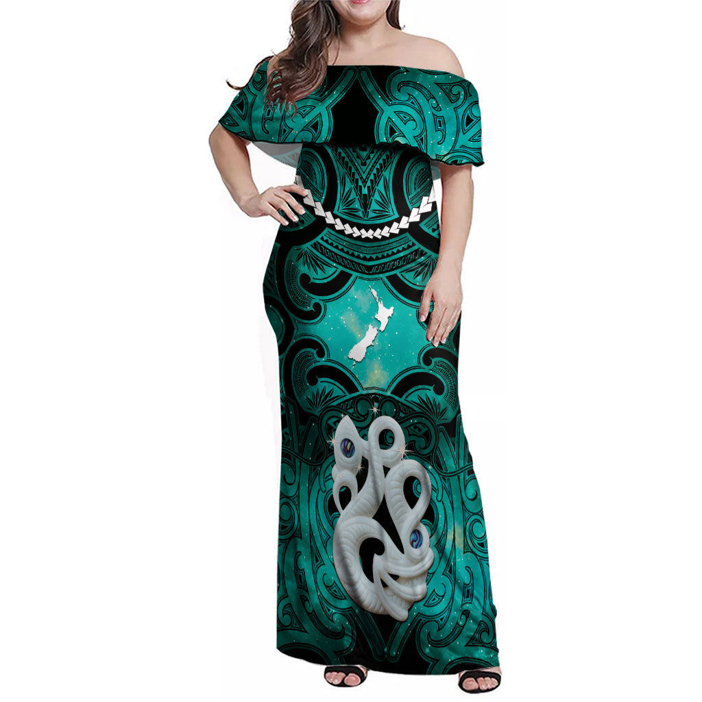 Personalised Maori Matariki Manaia Turquoise Family Matching Off Shoulder Maxi Dress and Hawaiian Shirt Maori Kowhaiwhai Pattern Galaxy