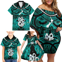 Personalised Maori Matariki Manaia Turquoise Family Matching Off Shoulder Short Dress and Hawaiian Shirt Maori Kowhaiwhai Pattern Galaxy