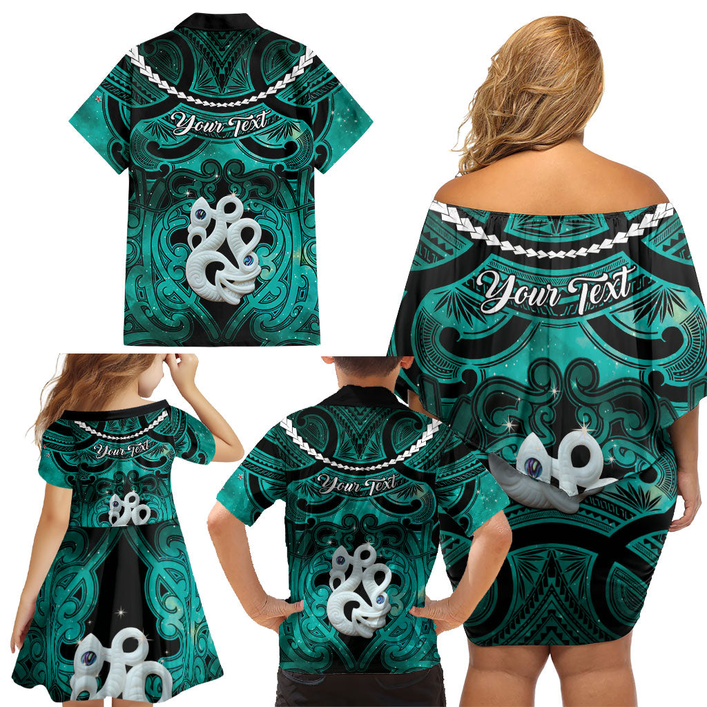 Personalised Maori Matariki Manaia Turquoise Family Matching Off Shoulder Short Dress and Hawaiian Shirt Maori Kowhaiwhai Pattern Galaxy