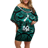 Personalised Maori Matariki Manaia Turquoise Family Matching Off Shoulder Short Dress and Hawaiian Shirt Maori Kowhaiwhai Pattern Galaxy