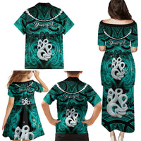 Personalised Maori Matariki Manaia Turquoise Family Matching Puletasi and Hawaiian Shirt Maori Kowhaiwhai Pattern Galaxy