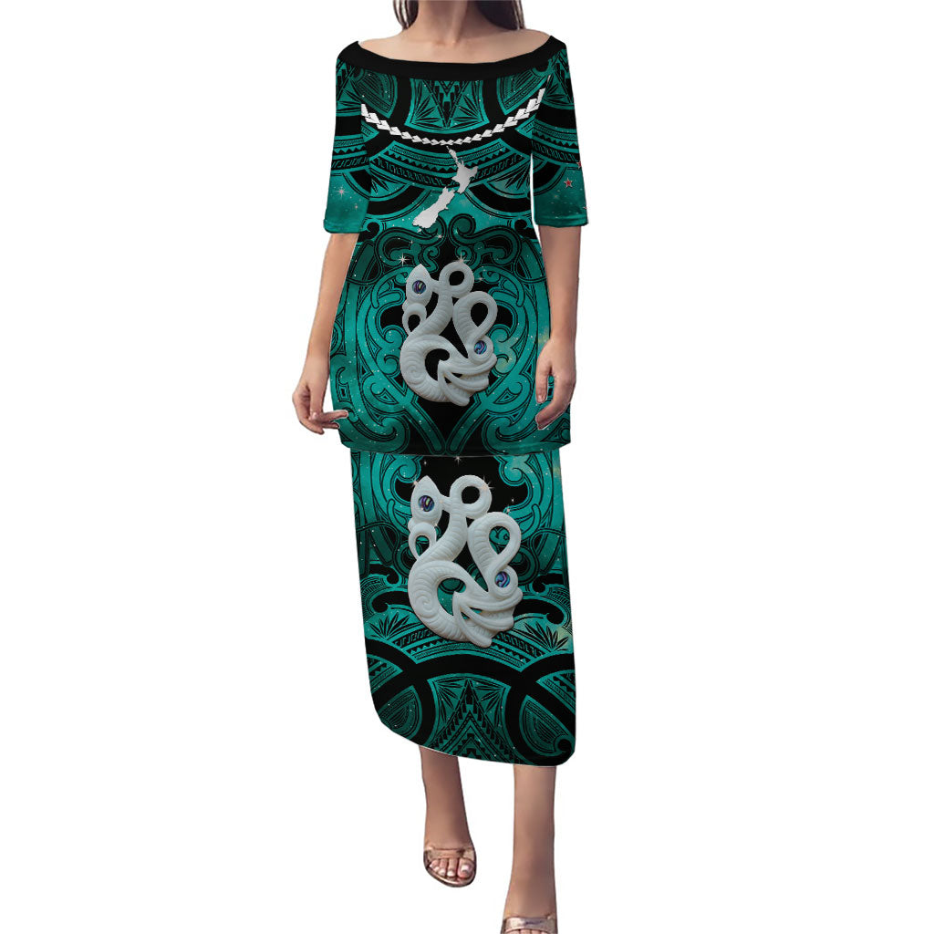 Personalised Maori Matariki Manaia Turquoise Family Matching Puletasi and Hawaiian Shirt Maori Kowhaiwhai Pattern Galaxy
