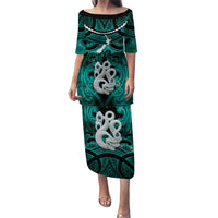 Personalised Maori Matariki Manaia Turquoise Family Matching Puletasi and Hawaiian Shirt Maori Kowhaiwhai Pattern Galaxy