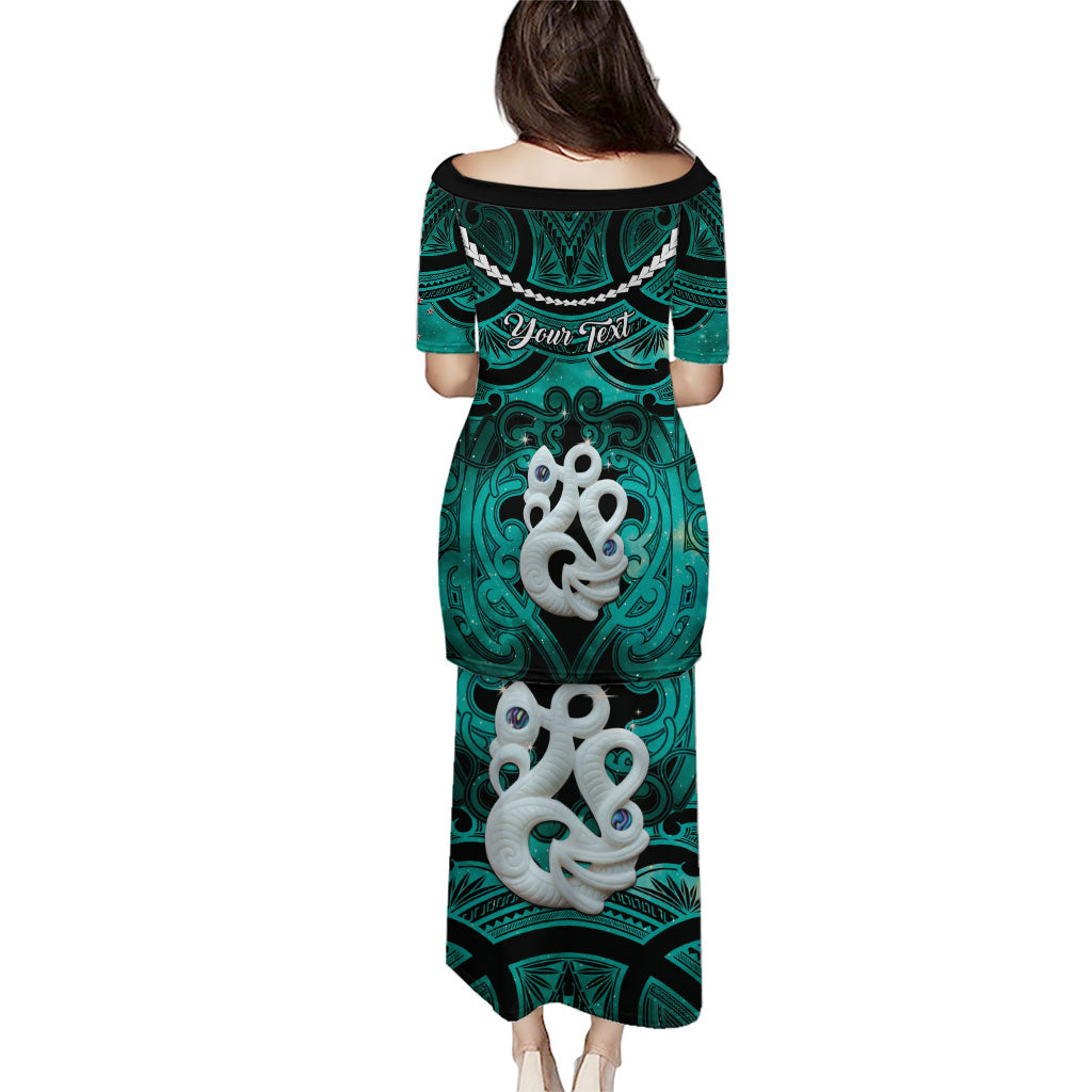 Personalised Maori Matariki Manaia Turquoise Family Matching Puletasi and Hawaiian Shirt Maori Kowhaiwhai Pattern Galaxy