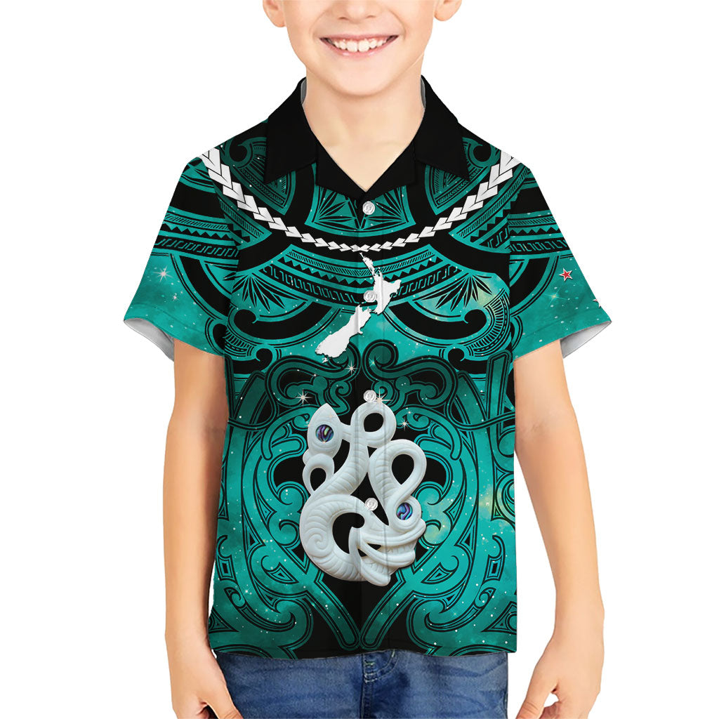 Personalised Maori Matariki Manaia Turquoise Family Matching Tank Maxi Dress and Hawaiian Shirt Maori Kowhaiwhai Pattern Galaxy