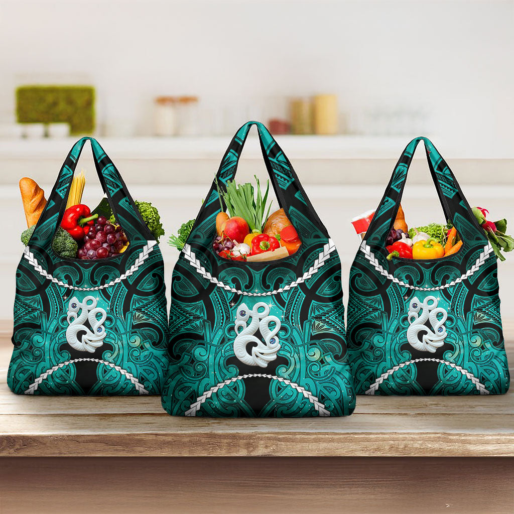 Maori Matariki Manaia Turquoise Grocery Bag Maori Kowhaiwhai Pattern Galaxy LT01 3-pack One Size Turquoise - Polynesian Pride