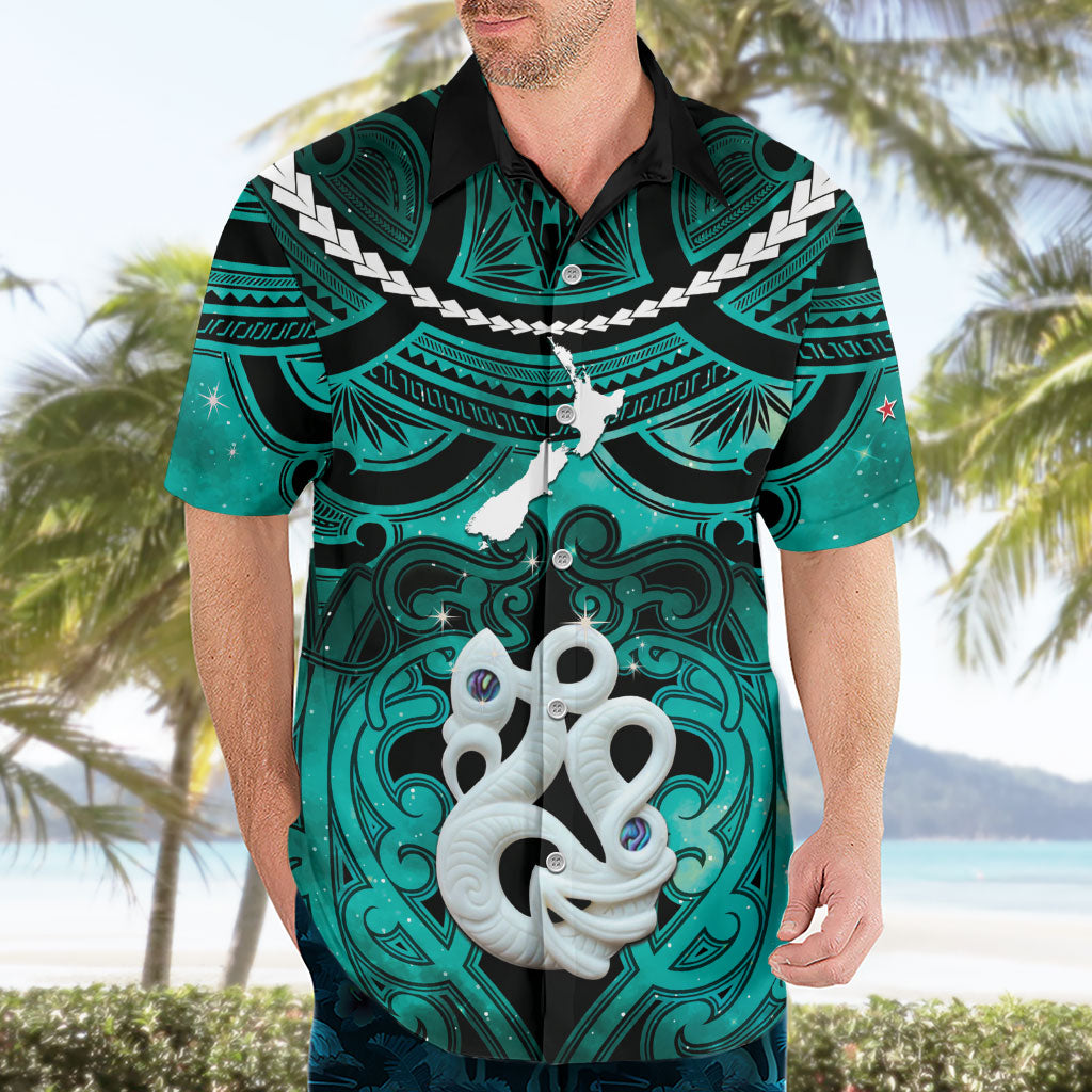 Personalised Maori Matariki Manaia Turquoise Hawaiian Shirt Maori Kowhaiwhai Pattern Galaxy LT01 - Polynesian Pride